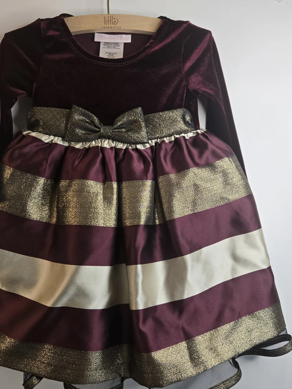 Bonnie Baby Burgundy, Gold and Cream Striped Holiday Dress